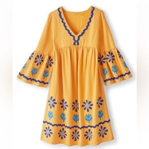 NEW Soft Surroundings Petra Yellow/Blue Embroidered Bell Sleeve Short Dress